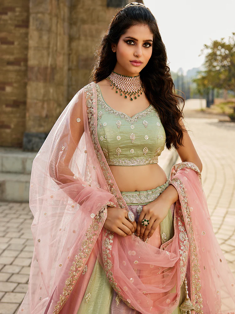 PINK - Tissue FabricSequinse embroidery Semi-Stitched Lehenga choli & Dupatta - Image 4