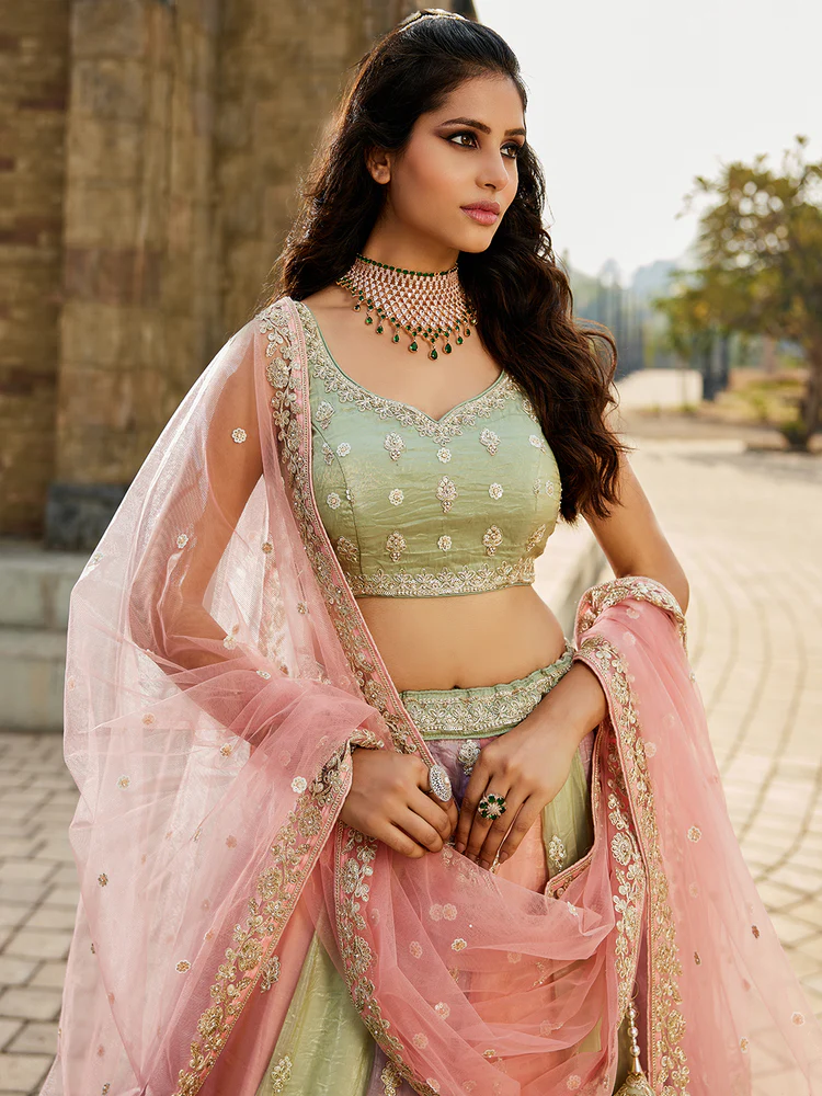 PINK - Tissue FabricSequinse embroidery Semi-Stitched Lehenga choli & Dupatta - Image 3