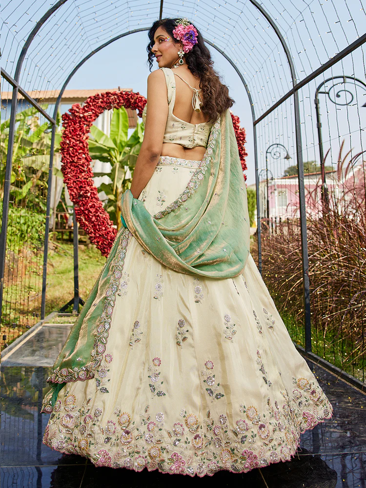 GREEN - Tissue Fabric with Sequinse & Thread Embroidery Semi-Stitched Lehenga Choli & Dupatta - Image 8