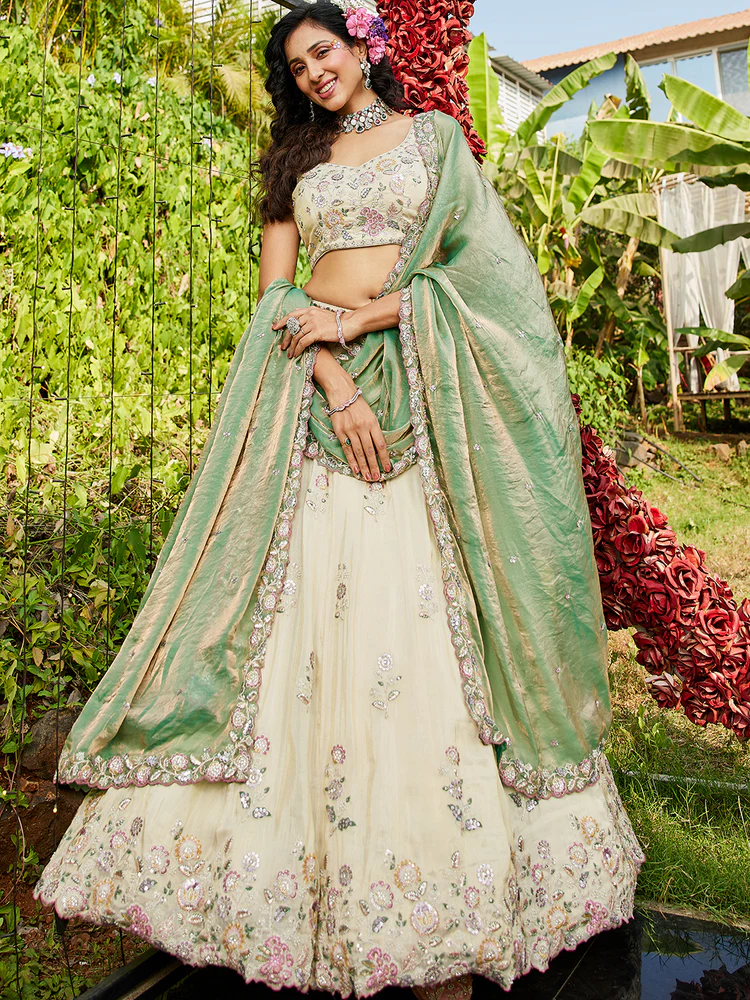GREEN - Tissue Fabric with Sequinse & Thread Embroidery Semi-Stitched Lehenga Choli & Dupatta - Image 6