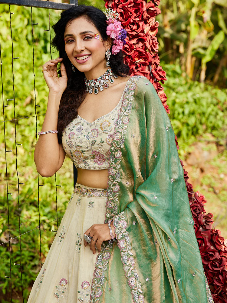 GREEN - Tissue Fabric with Sequinse & Thread Embroidery Semi-Stitched Lehenga Choli & Dupatta - Image 4