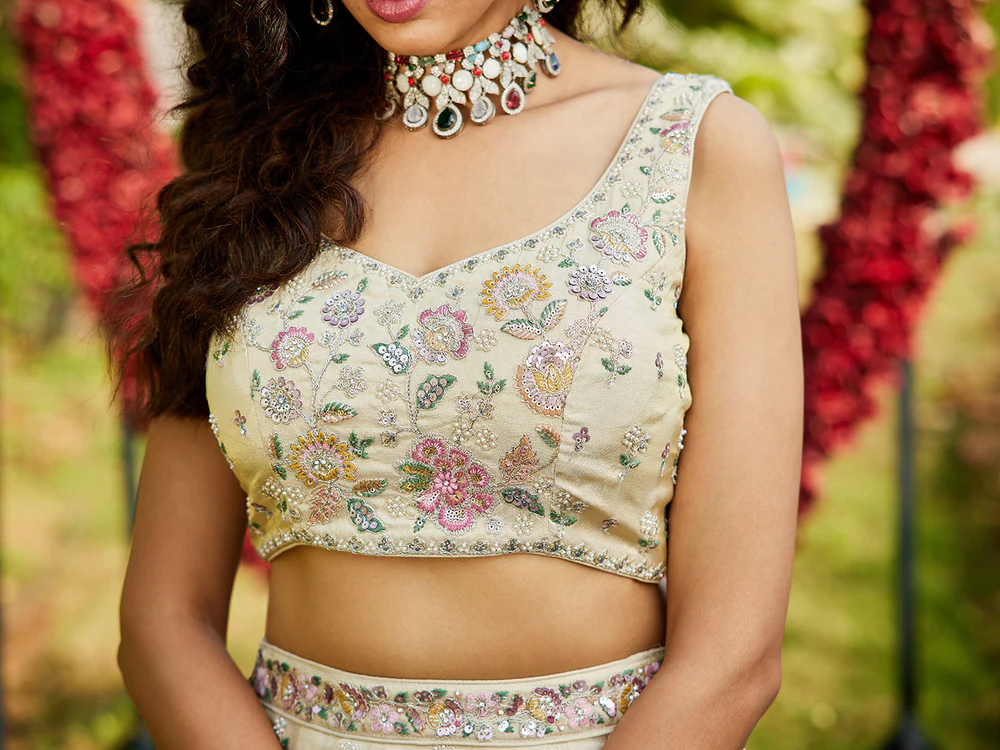 GREEN - Tissue Fabric with Sequinse & Thread Embroidery Semi-Stitched Lehenga Choli & Dupatta - Image 3