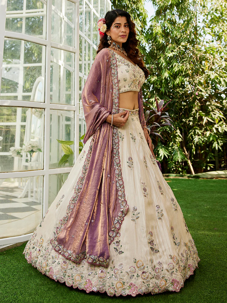 PURPLE - Tissue Fabric with Sequinse & Thread embroidery Semi-Stitched Lehenga choli & Dupatta - Image 5
