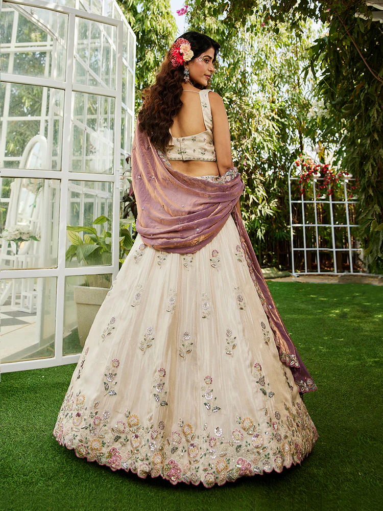 PURPLE - Tissue Fabric with Sequinse & Thread embroidery Semi-Stitched Lehenga choli & Dupatta - Image 6
