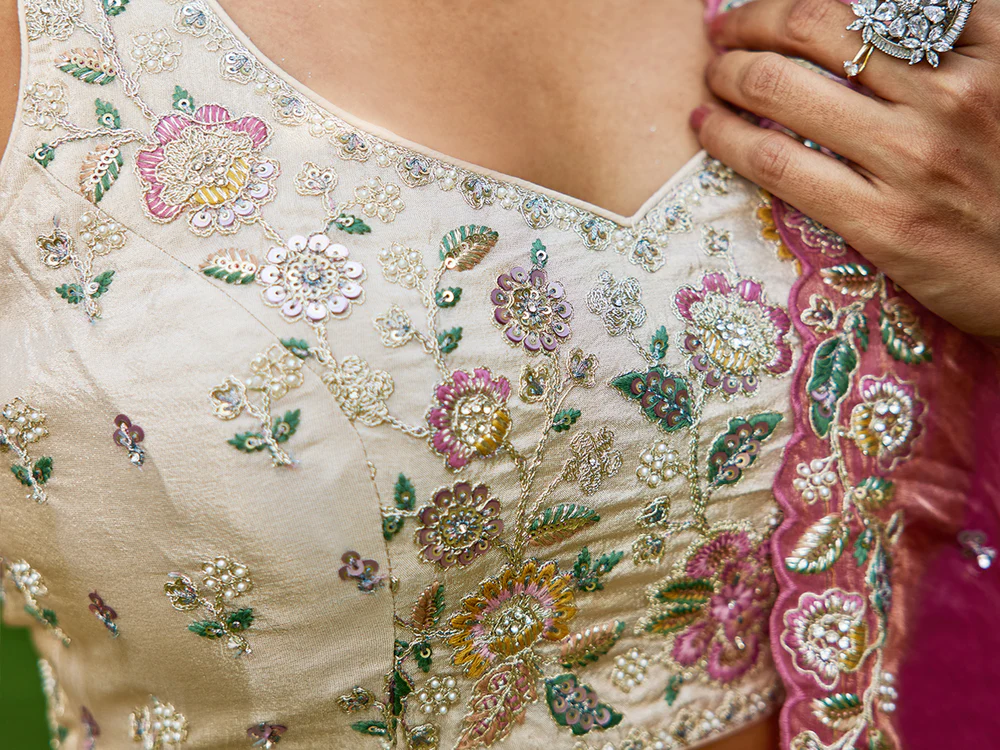 PINK - Tissue Fabric with Sequinse & Thread embroidery Semi-Stitched Lehenga choli & Dupatta - Image 5