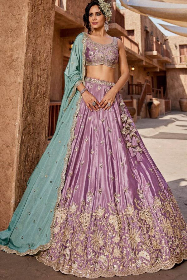 LAVENDER - Satin Silk Fabric Sequins Embroidery Semi-Stitched Lehenga Choli & Dupatta