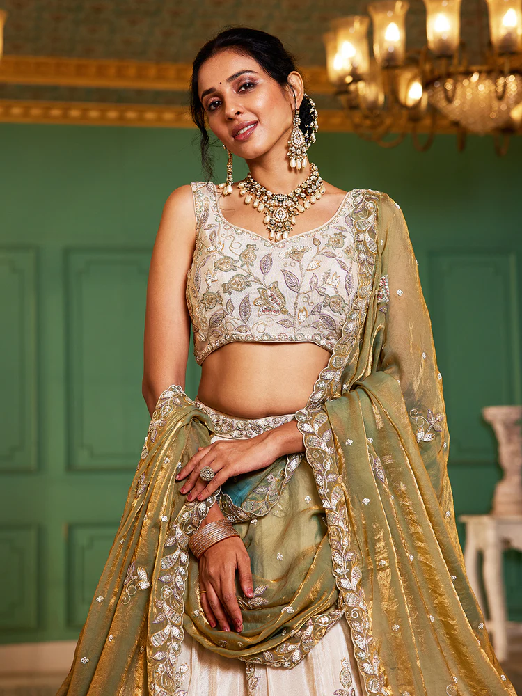 GREEN - Tissue Fabric with Sequinse & Thread Embroidery Semi-Stitched Lehenga Choli & Dupatta - Image 5