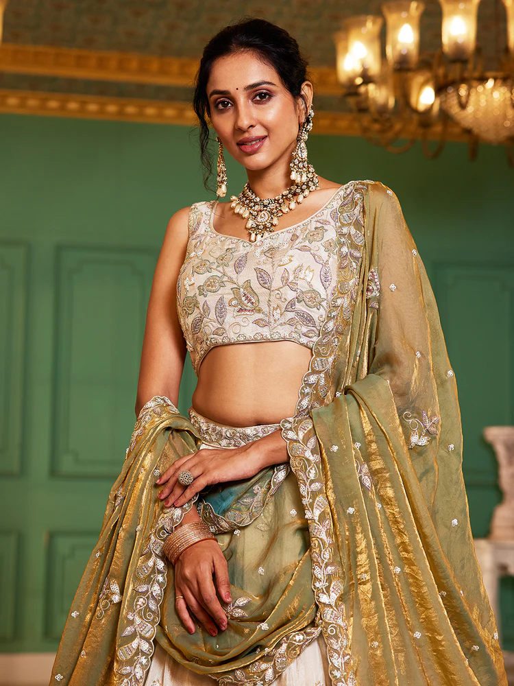 GREEN - Tissue Fabric with Sequinse & Thread Embroidery Semi-Stitched Lehenga Choli & Dupatta - Image 4