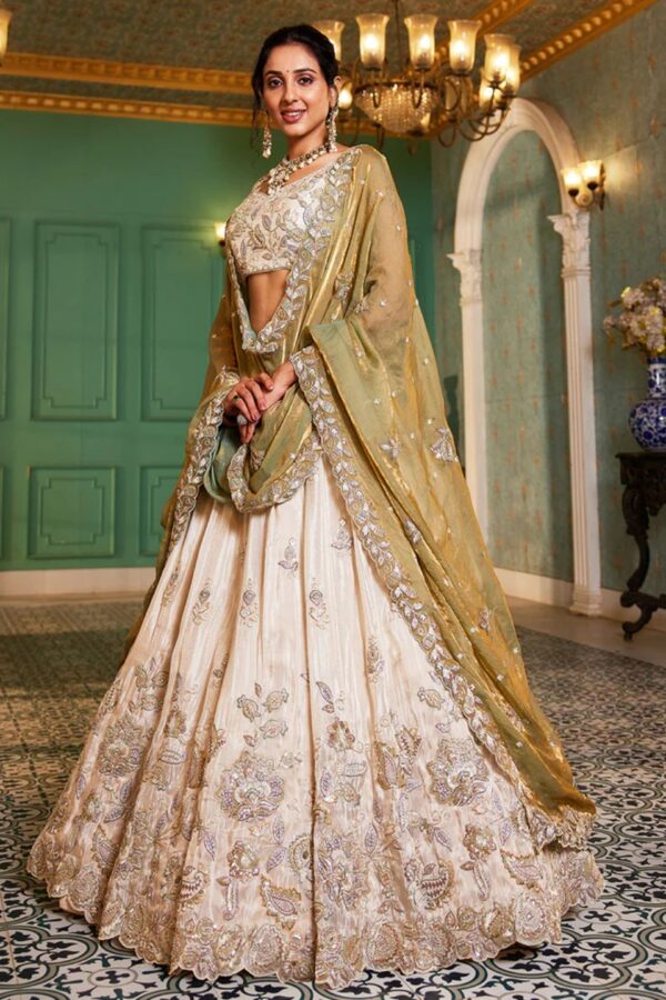 GREEN - Tissue Fabric with Sequinse & Thread Embroidery Semi-Stitched Lehenga Choli & Dupatta