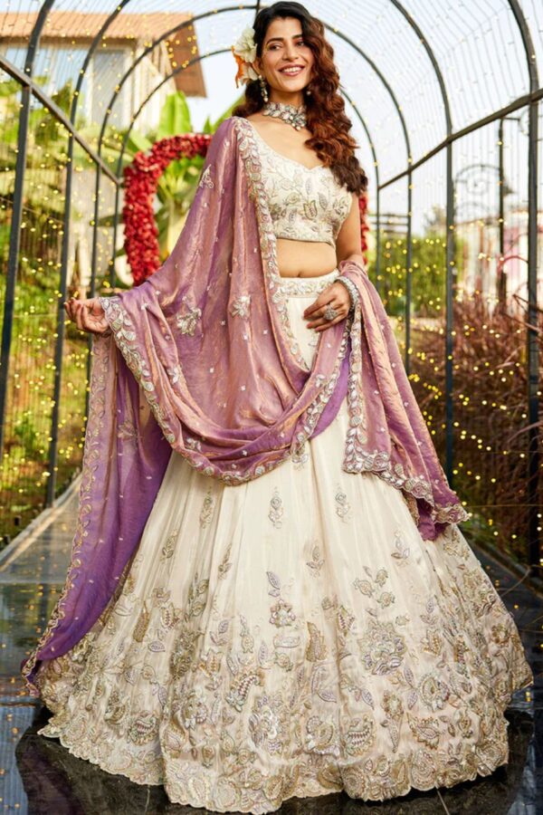 PURPLE - Tissue Fabric with Sequinse & Thread Embroidery Semi-Stitched Lehenga Choli & Dupatta