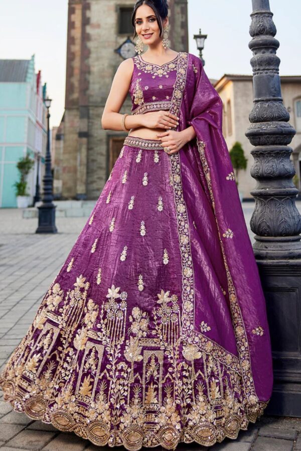 BURGUNDY - Tissue Fabric Handwork Cutdana Embroidery Semi-Stitched Lehenga Choli & Dupatta