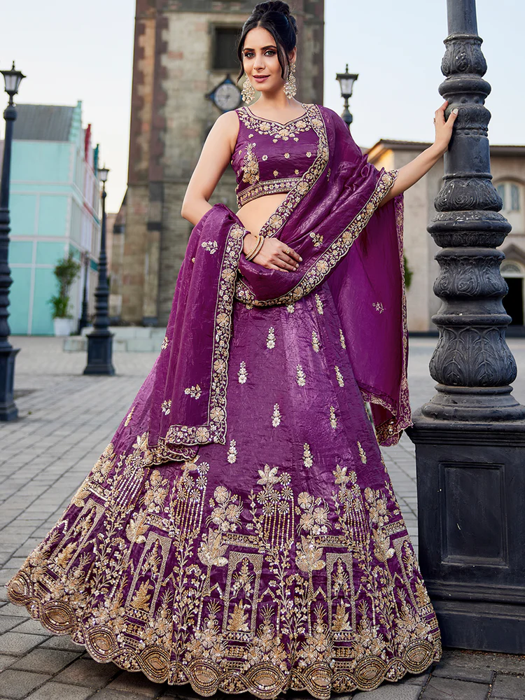 BURGUNDY - Tissue Fabric Handwork Cutdana Embroidery Semi-Stitched Lehenga Choli & Dupatta - Image 8