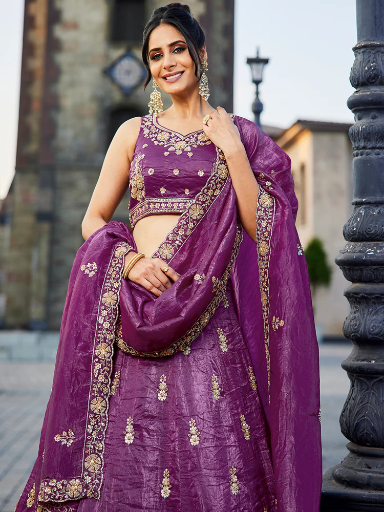BURGUNDY - Tissue Fabric Handwork Cutdana Embroidery Semi-Stitched Lehenga Choli & Dupatta - Image 7