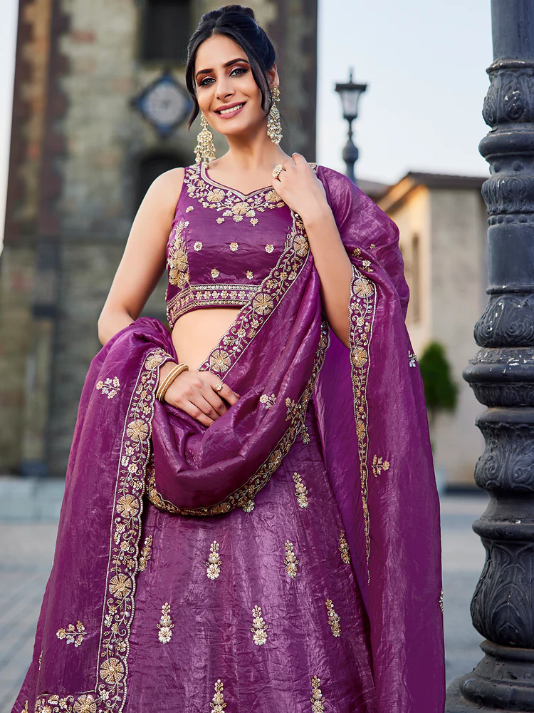BURGUNDY - Tissue Fabric Handwork Cutdana Embroidery Semi-Stitched Lehenga Choli & Dupatta - Image 6