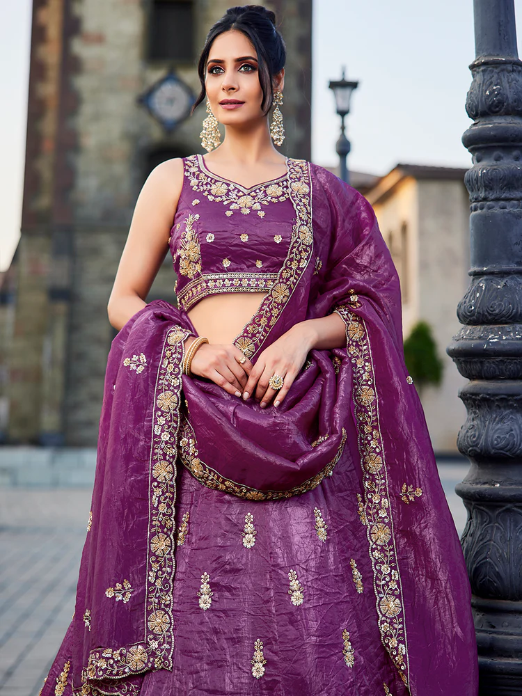 BURGUNDY - Tissue Fabric Handwork Cutdana Embroidery Semi-Stitched Lehenga Choli & Dupatta - Image 5