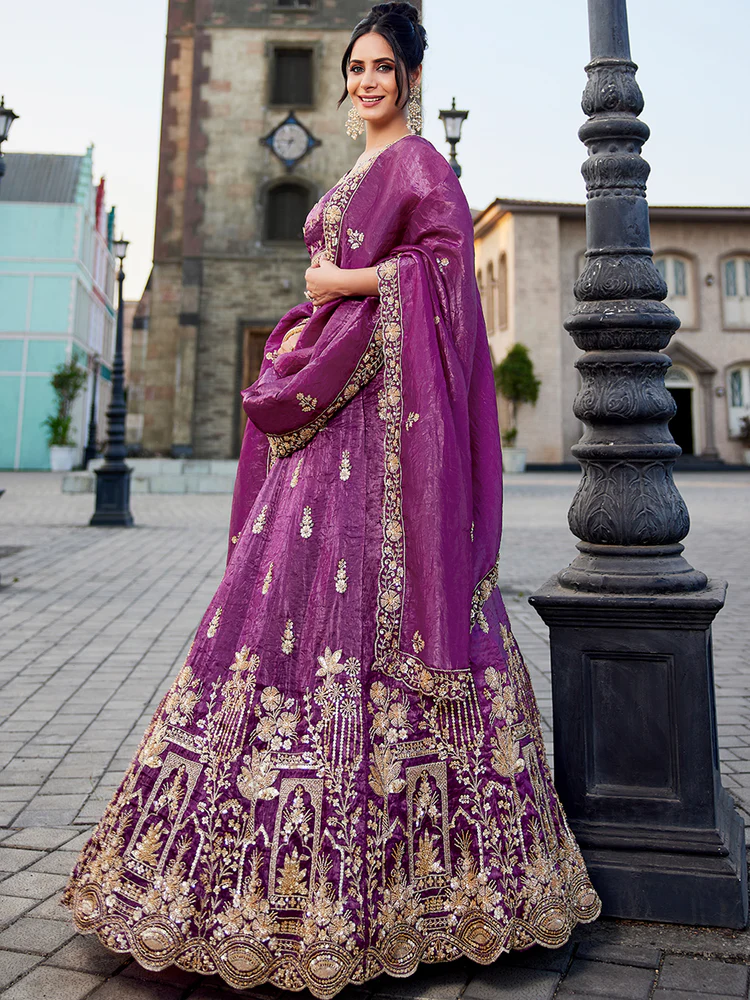 BURGUNDY - Tissue Fabric Handwork Cutdana Embroidery Semi-Stitched Lehenga Choli & Dupatta - Image 4