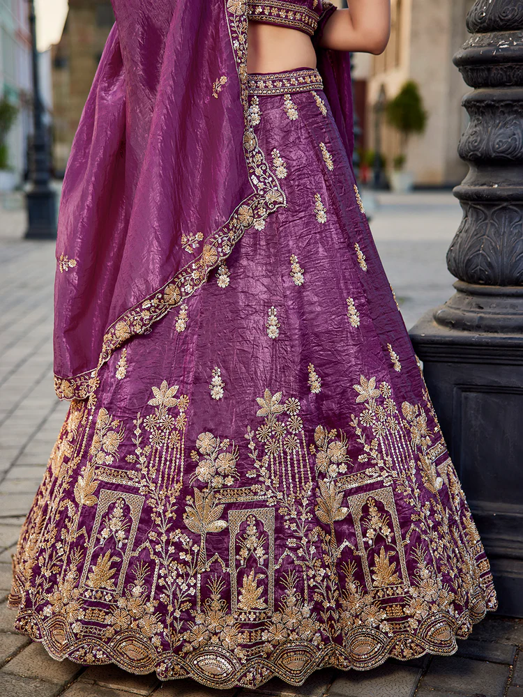 BURGUNDY - Tissue Fabric Handwork Cutdana Embroidery Semi-Stitched Lehenga Choli & Dupatta - Image 2