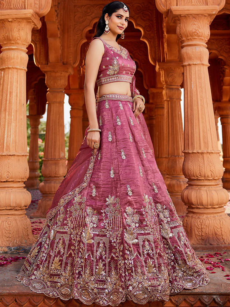 PINK - Tissue Fabric Handwork Cutdana Embroidery Semi-Stitched Lehenga Choli & Dupatta - Image 6
