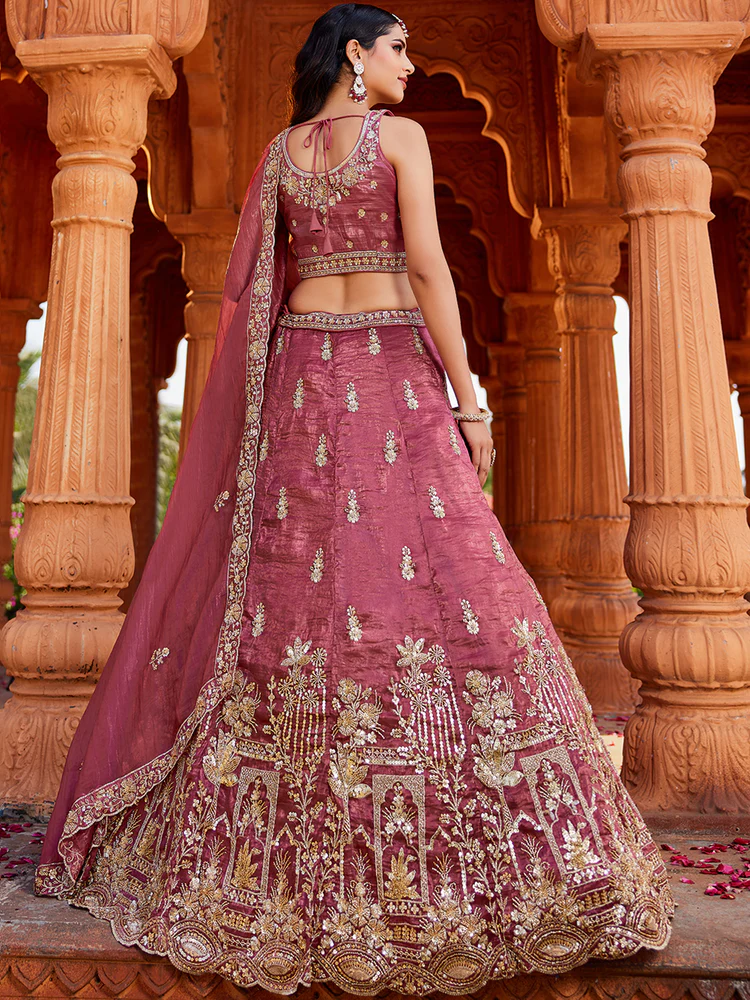 PINK - Tissue Fabric Handwork Cutdana Embroidery Semi-Stitched Lehenga Choli & Dupatta - Image 5