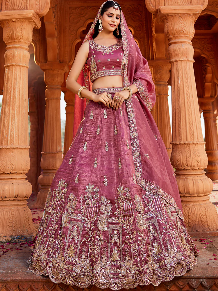 PINK - Tissue Fabric Handwork Cutdana Embroidery Semi-Stitched Lehenga Choli & Dupatta - Image 4