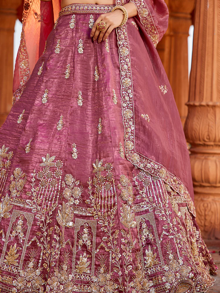 PINK - Tissue Fabric Handwork Cutdana Embroidery Semi-Stitched Lehenga Choli & Dupatta - Image 3