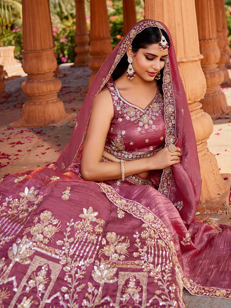 PINK - Tissue Fabric Handwork Cutdana Embroidery Semi-Stitched Lehenga Choli & Dupatta - Image 2
