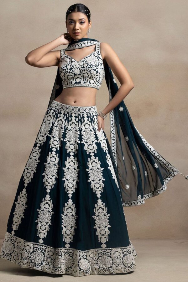 Glamorous Dark Green Thread Embroidered Georgette Lehenga Choli
