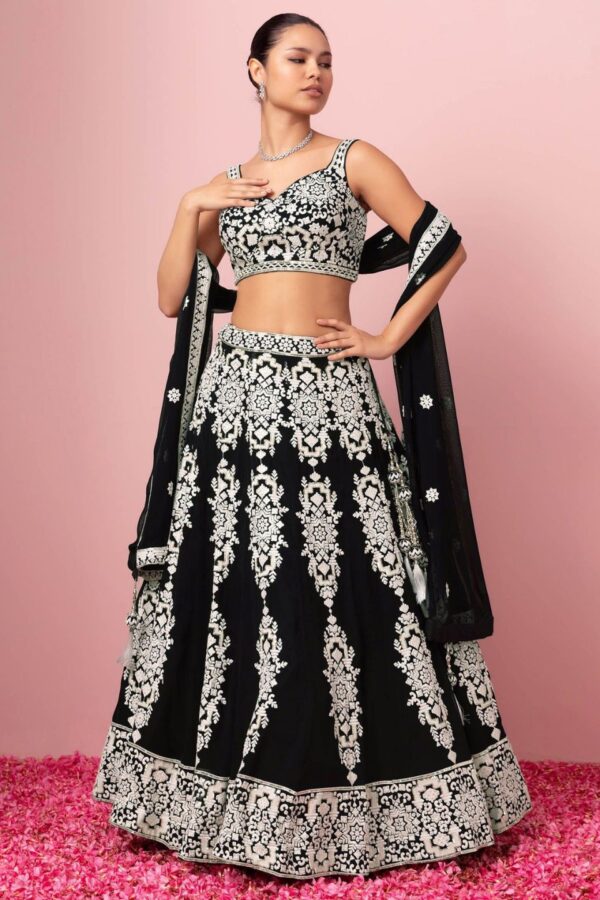 Captivating Black Thread Work Georgette Reception Wear Lehenga Choli