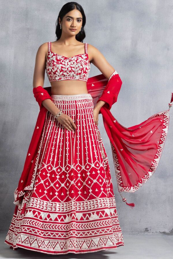 Awesome Red Thread Embroidered Georgette Wedding Lehenga Choli