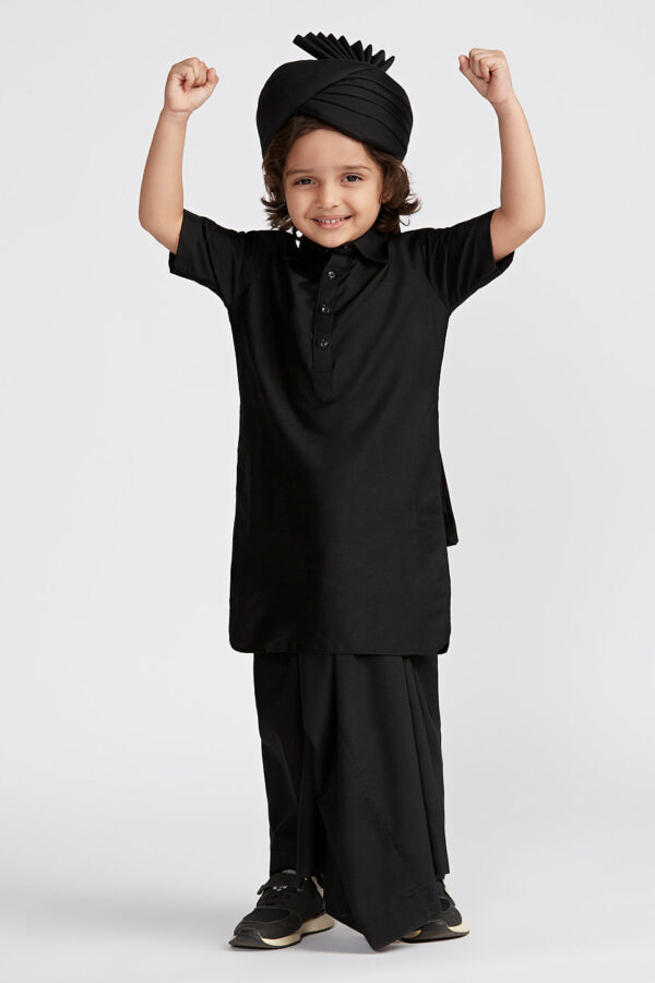 Boys' Black Viscose Kurta Lungi And Safa set