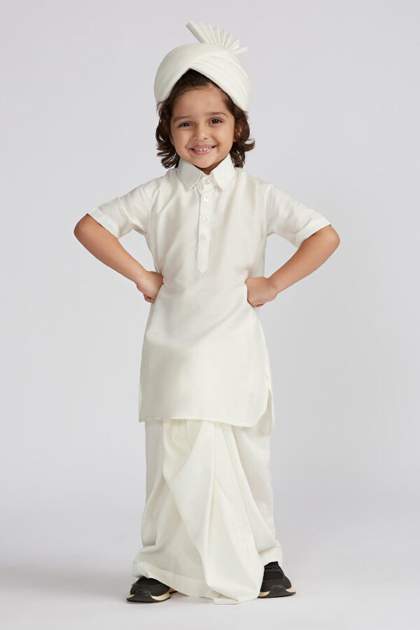 Boys' White Viscose Kurta Lungi And Safa set