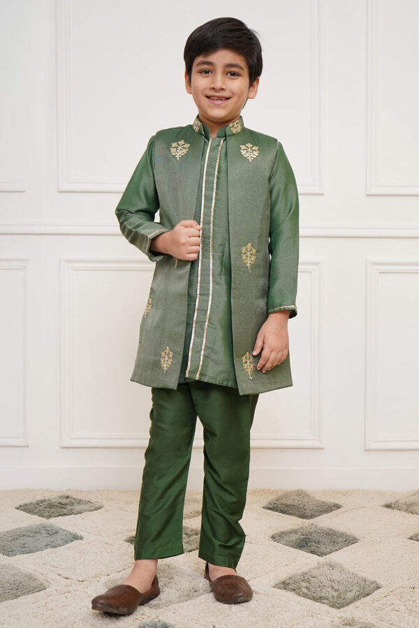 Boys' Green Jacket, Kurta and Pyjama Set