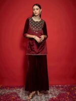 Women Maroon Velvet Flared Palazzos - Image 2