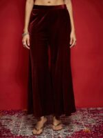 Women Maroon Velvet Flared Palazzos