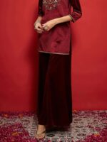 Women Maroon Velvet Flared Palazzos - Image 3