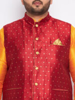 Men's Plus Size Maroon Zari Weaved Nehru Jacket With Curved Kurta Dhoti set - Image 4