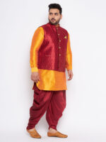 Men's Plus Size Maroon Zari Weaved Nehru Jacket With Curved Kurta Dhoti set - Image 6