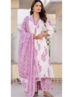 Floral Printed Pleated Pure Cotton A-Line Kurta with Palazzos & Dupatta