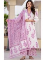 Floral Printed Pleated Pure Cotton A-Line Kurta with Palazzos & Dupatta - Image 3
