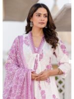 Floral Printed Pleated Pure Cotton A-Line Kurta with Palazzos & Dupatta - Image 4