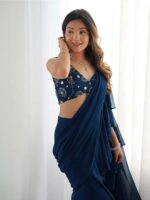 Teal Blue Color Faux Georgette Fancy Sharara Saree - Image 2