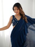 Teal Blue Color Faux Georgette Fancy Sharara Saree - Image 5
