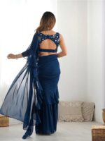 Teal Blue Color Faux Georgette Fancy Sharara Saree - Image 7