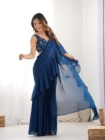 Teal Blue Color Faux Georgette Fancy Sharara Saree - Image 4