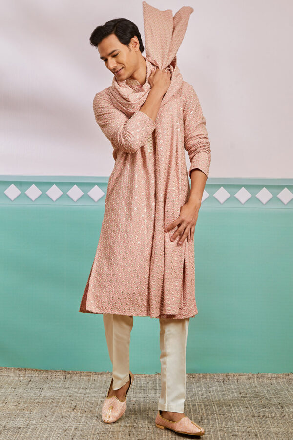 Peach Rayon Kurta, Pyjama & Dupatta Set.