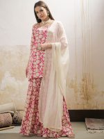 Shae by SASSAFRAS Floral Printed Round Neck Straight Kurta With Sharara & Dupatta