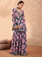 Shae by SASSAFRAS Floral Printed V-Neck Zari Anarkali Kurti With Sharara - Image 5