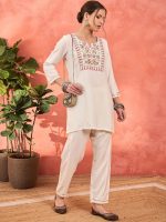 Shae by SASSAFRAS Floral Yoke Design Thread Work Notch Neck Short Kurti With Trousers - Image 5