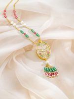 Rubans 18K Gold-Plated Kundan Pendant Necklace with Enamel Floral Green Pink Bead & Pearls - Image 2