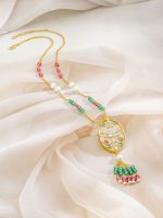 Rubans 18K Gold-Plated Kundan Pendant Necklace with Enamel Floral Green Pink Bead & Pearls - Image 3